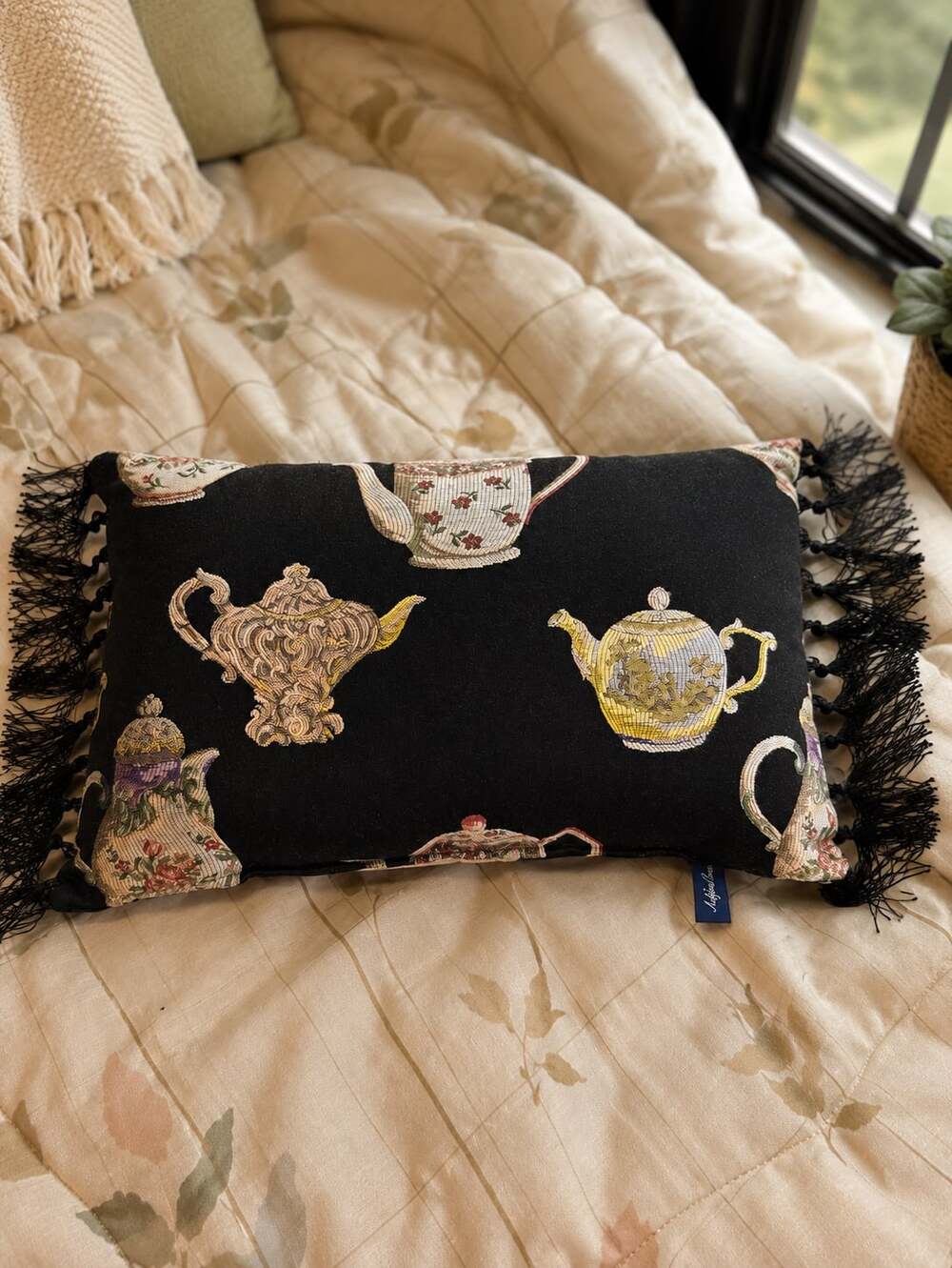 Ashford Court Tapestry Teapot Print Accent Pillow with Tassels